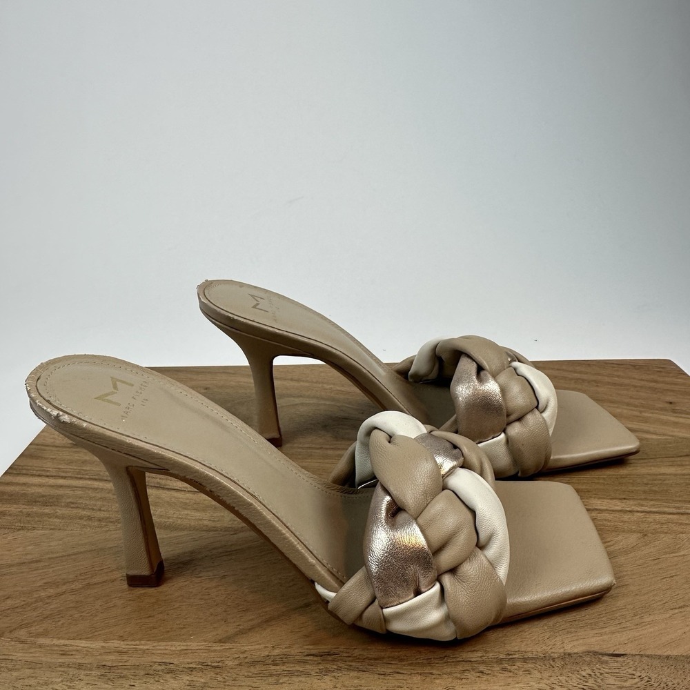 Womens Marc Fisher LTD Digana Beige Leather Braided Slip On Heels Size 9.5 M GUC